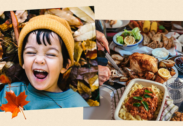 Child laughing on pile of leaves and lady carving turkey on dinner table