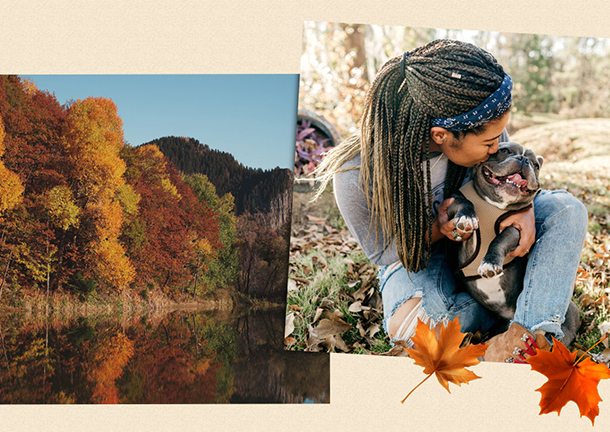 Fall foliage and woman enjoying outdoors with her dog